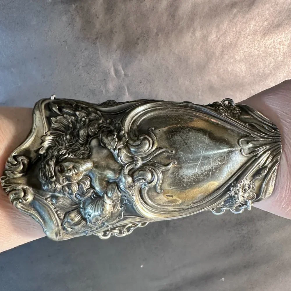 Antique Art Nouveau Wide Cuff Goddess Bracelet Bracer Alphonse Mucha Lady Face